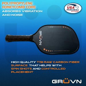 Features Of The Muvn-13S Raw Carbon Fiber Gruvn Pickleball Paddle - Orange With Black Edge Guard