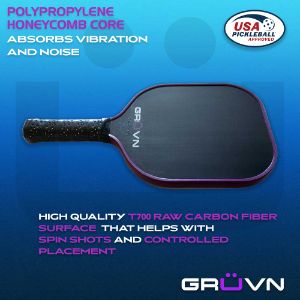 Features Of The Gruvn Pickleball Paddle Raw-16S Raw Carbon Fiber With Purple Colored Edge Guard