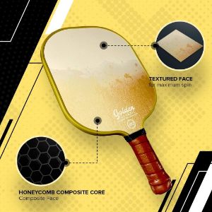 Oversized Textured Hitting Surface And Honeycomb Core Of A Classic Golden Pickleball Paddle