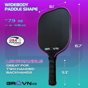 Specifications Of The Raw-16s Raw Carbon Fiber Gruvn Pickleball Paddle With A Purple Edge Guard